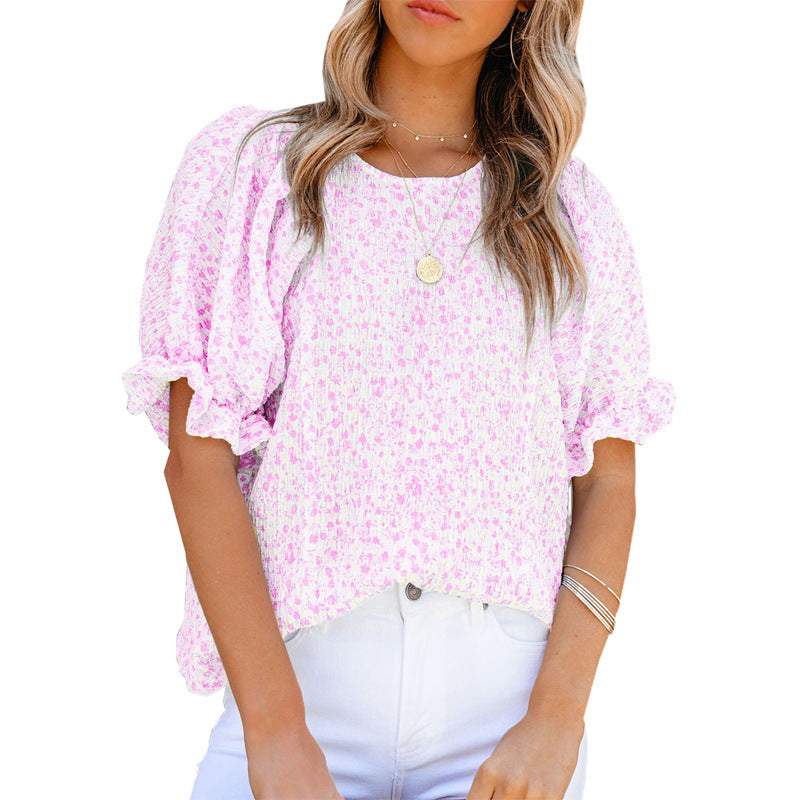 Blusa de cuello redondo con estampado floral de gasa para mujer
