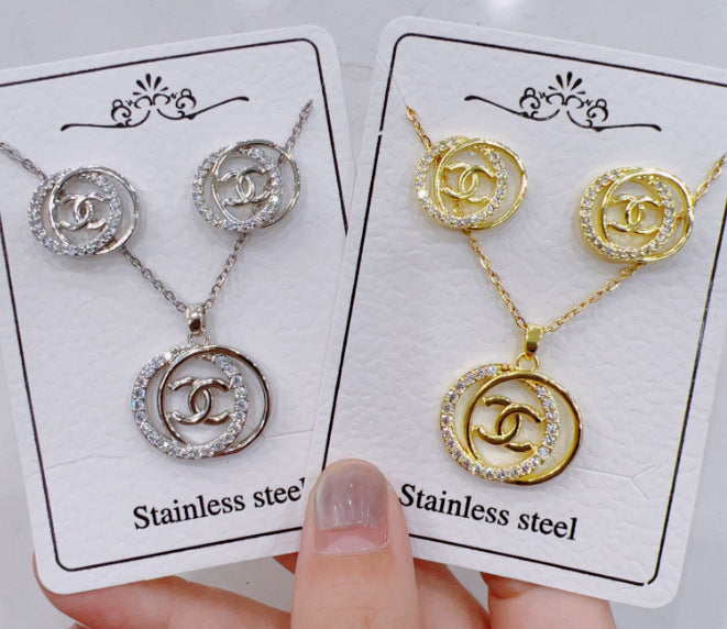 Women Fashion Zircon Necklace Earrings Set