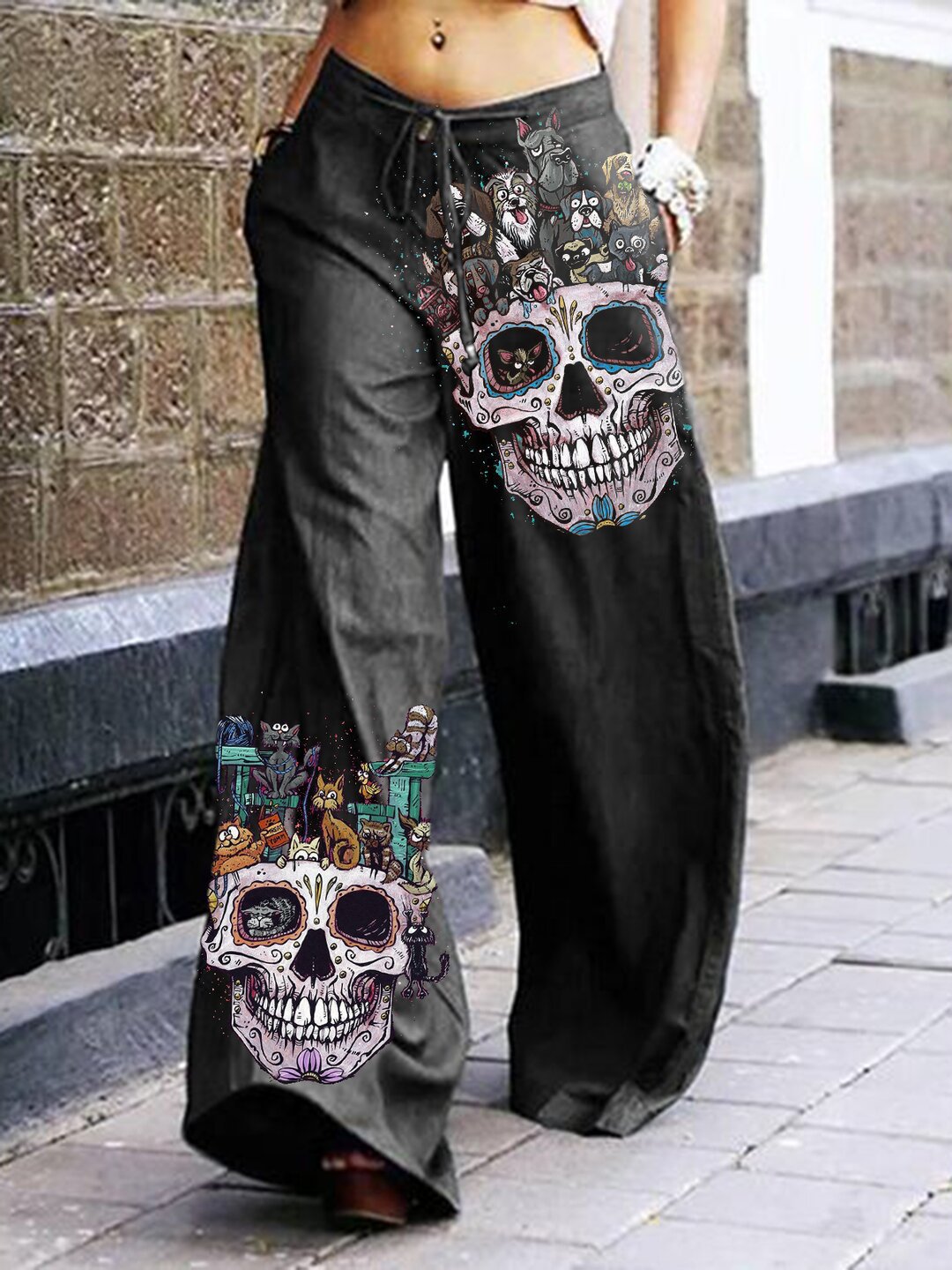 Pantalon gothique à motif tête de mort pour femme, style Halloween