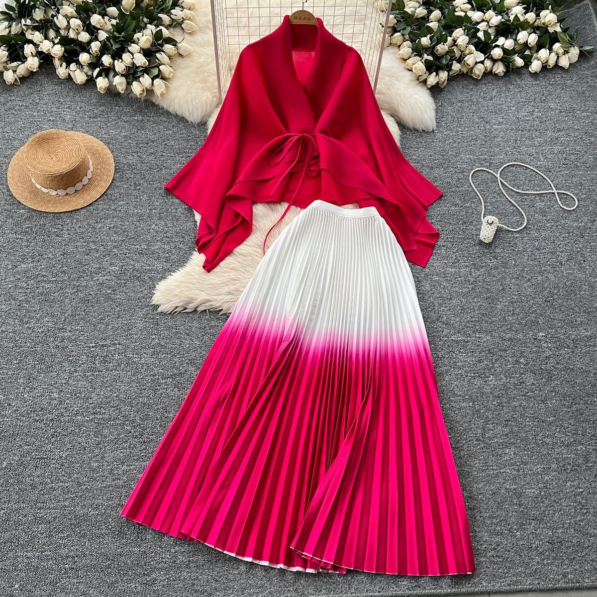 Women Gradient Color Lace-Up Blouse Pleated Skirt Set