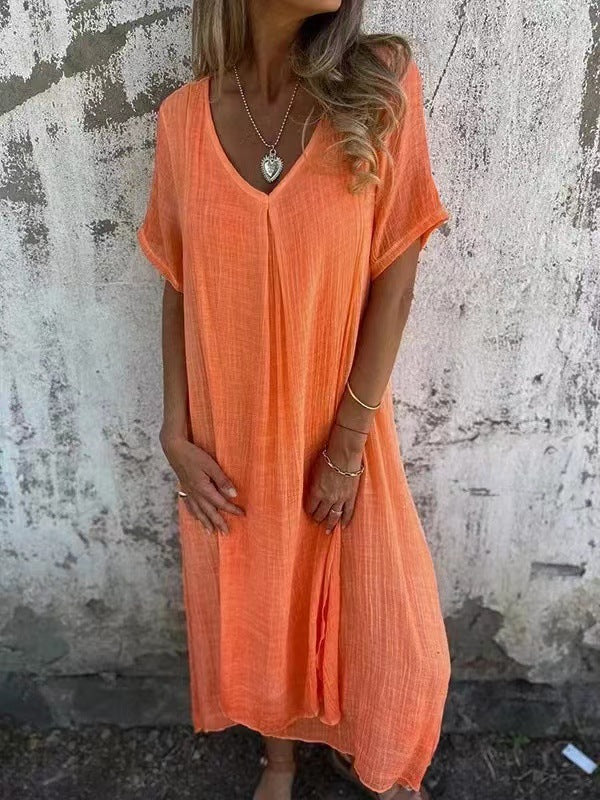 Vestido informal de verano para mujer, holgado, de algodón y lino con cuello en V