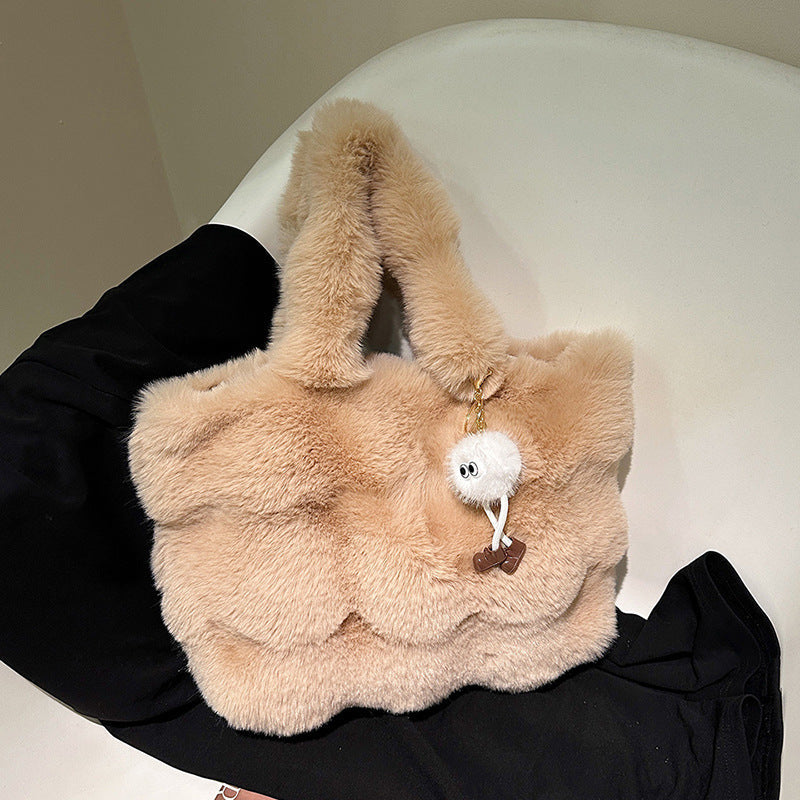 Women Fashion Casual Solid Color Plush Tote Bag