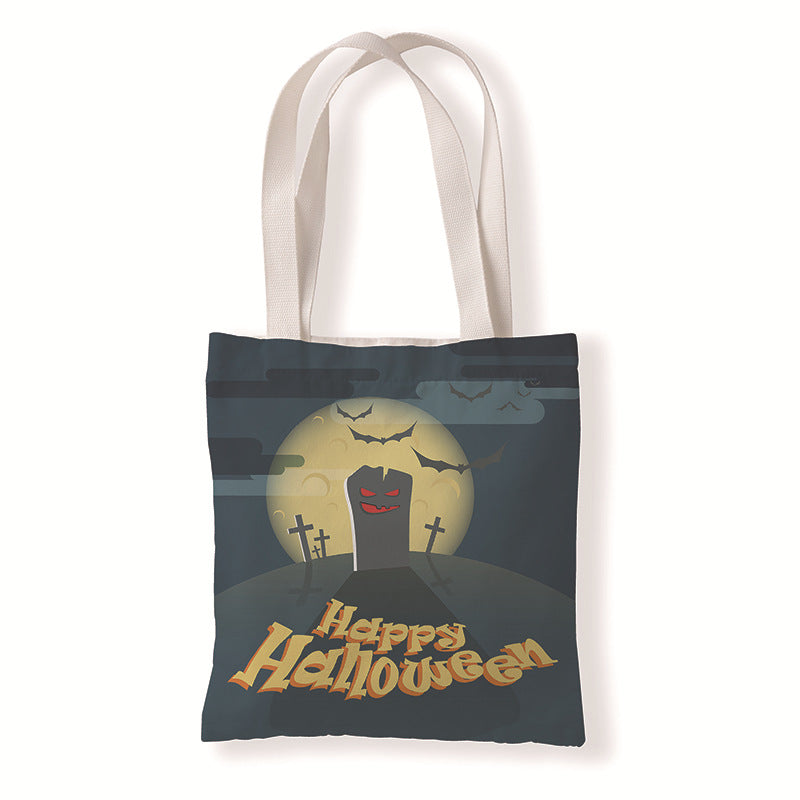 Bolsa de lona con estampado de calabaza y murciélago de Halloween con dibujos animados