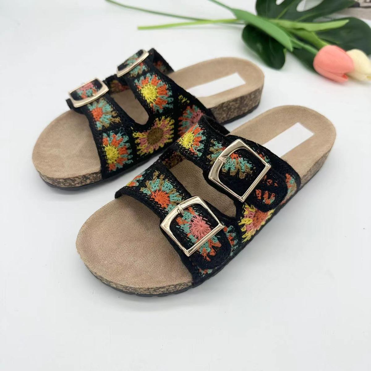 Chaussons tissés à double boucle pour femmes, style décontracté, idéal pour les vacances