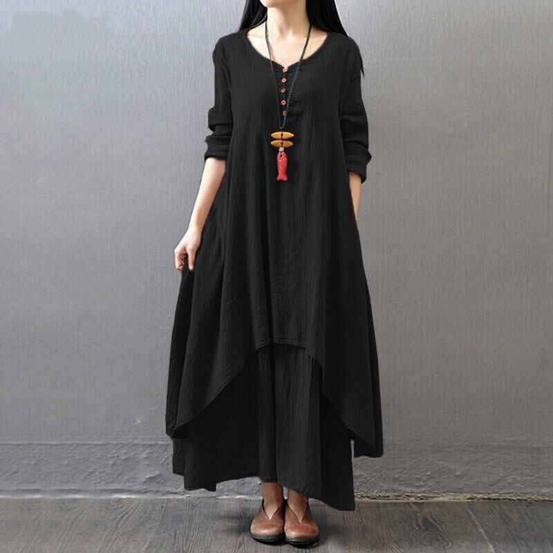 Vestido de lino de color liso literario de moda para mujer