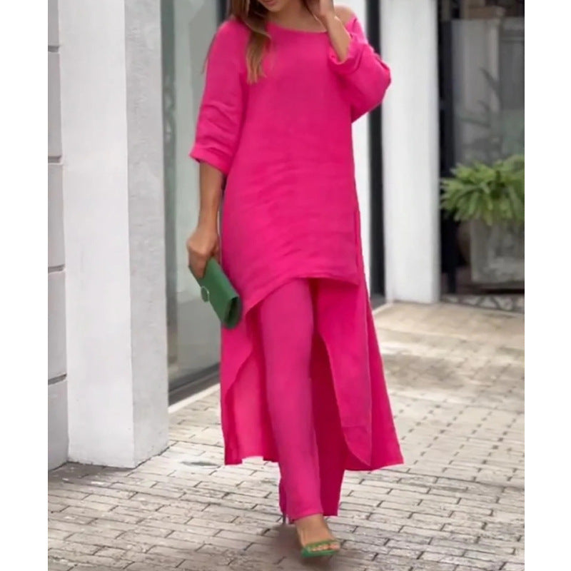 Women Fashion Casual Solid Color Cotton Linen Set