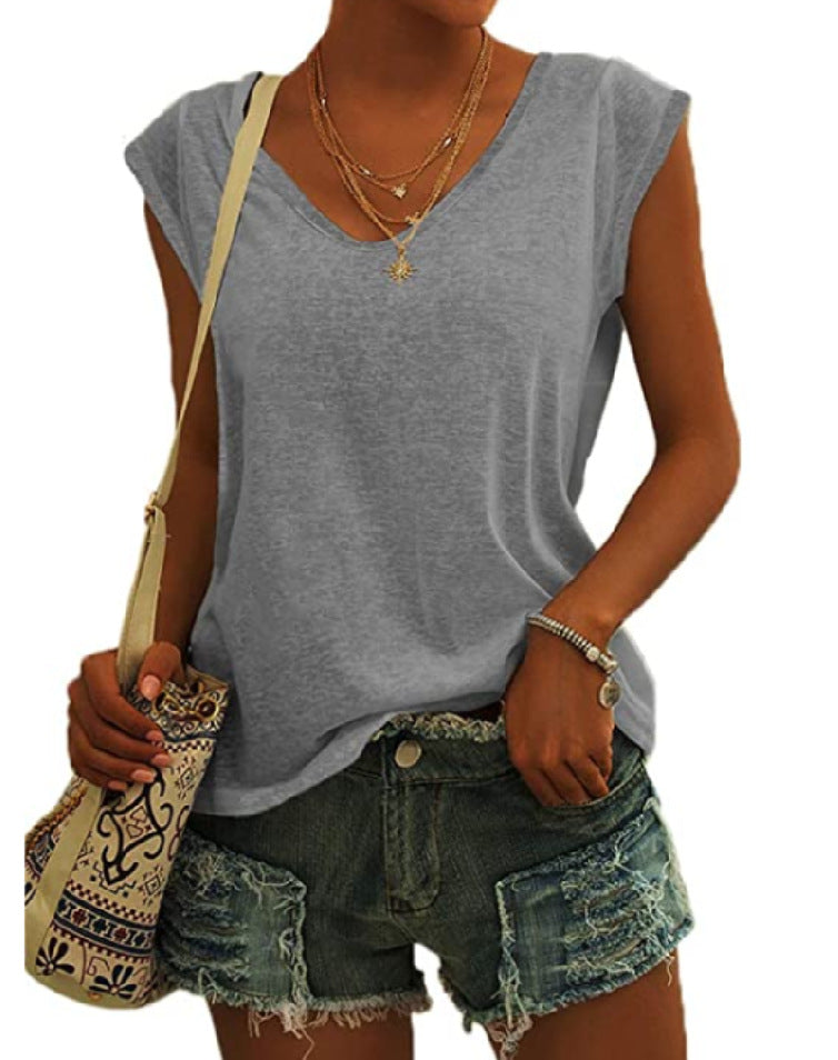 Summer Women Simple Solid Color V-Neck Blank T-Shirt