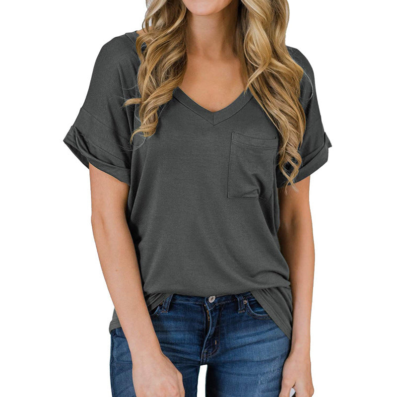 Camiseta lisa de manga corta con cuello en V para mujer