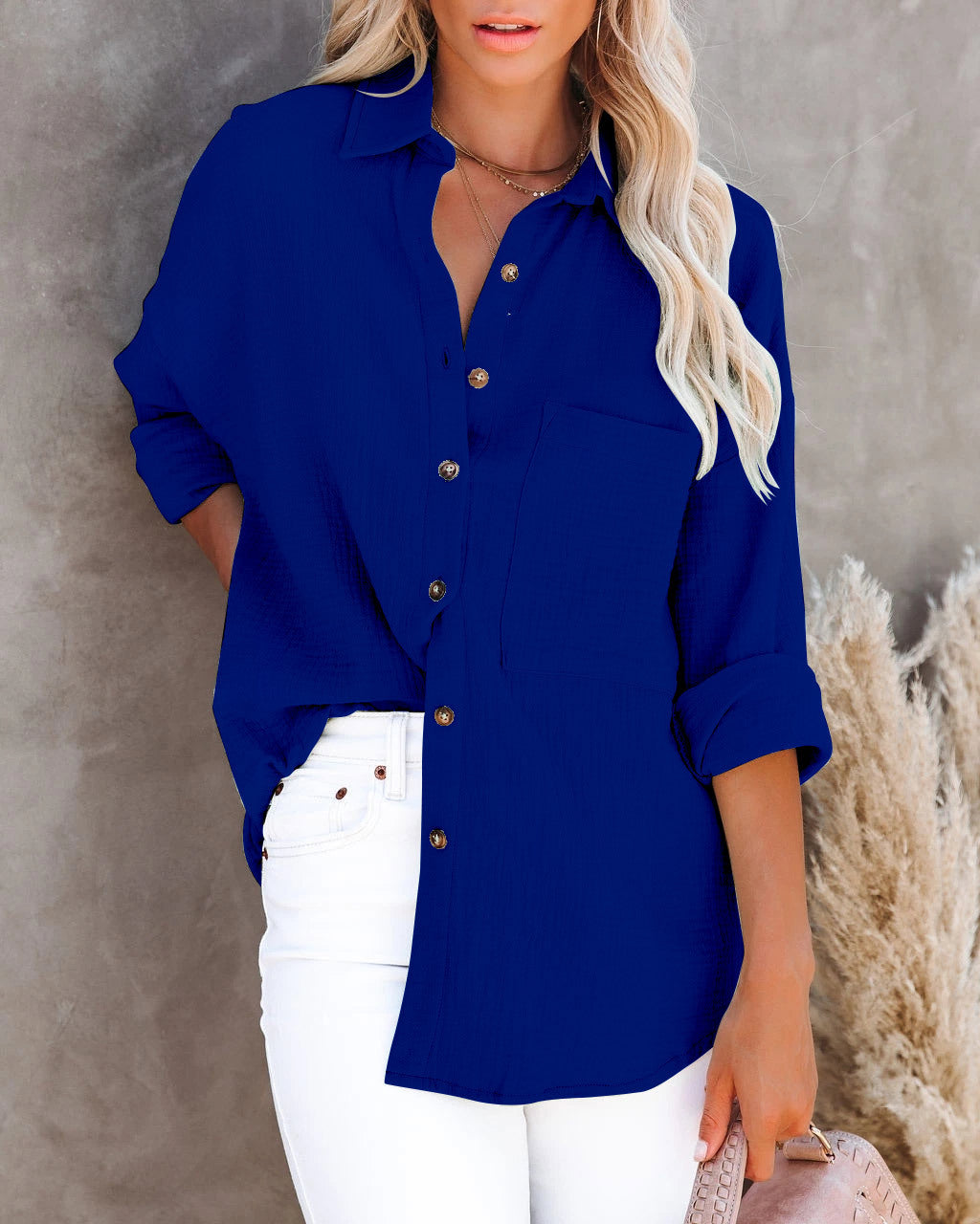 Blusa informal de manga larga con cuello en V y botones para mujer