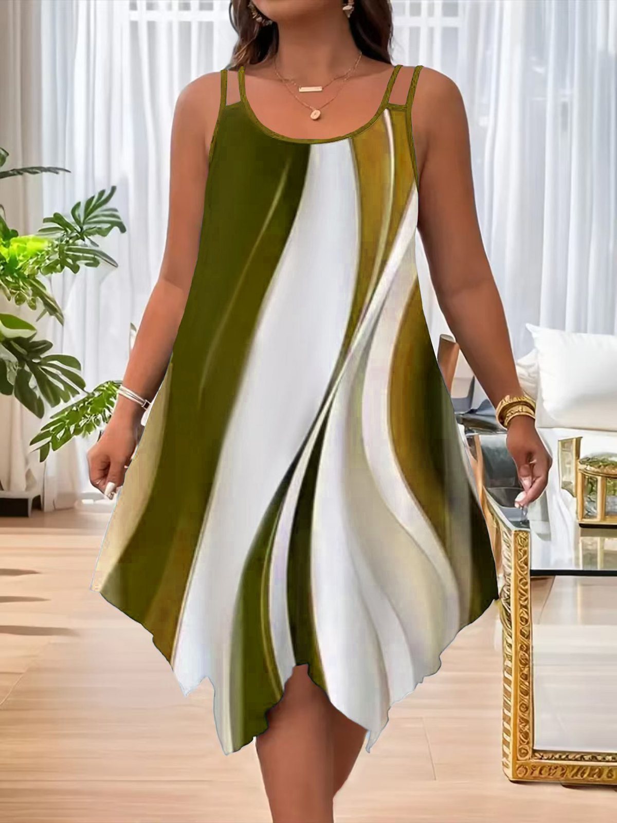 Vestido informal de talla grande con cuello redondo, sin mangas y dobladillo asimétrico para mujer