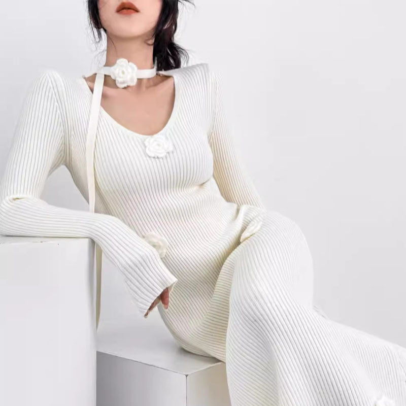 Vestido midi de punto con mangas largas y cuello en V para mujer