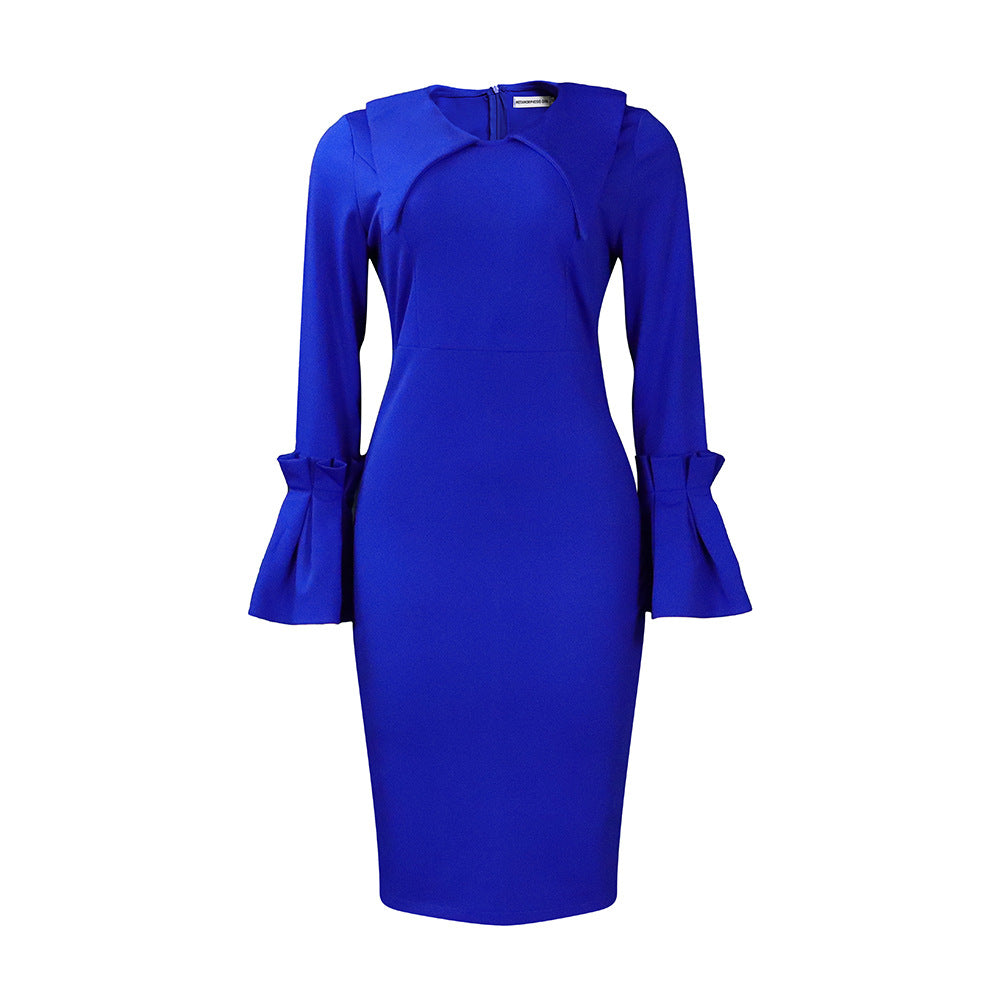 Women Fashion Elegant Solid Color Long Sleeve Dress