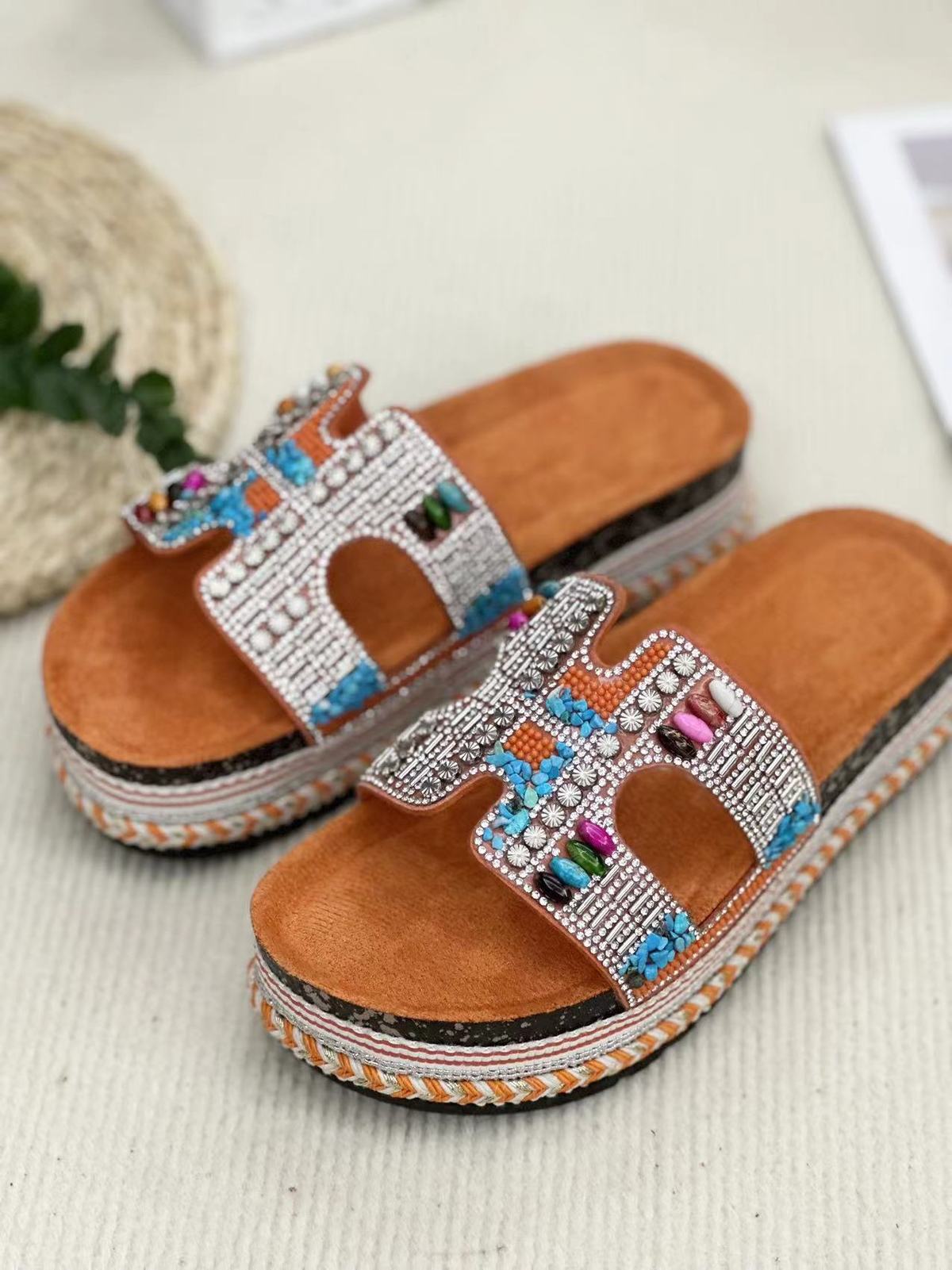 Pantuflas informales tejidas con diamantes de imitación a la moda para mujer