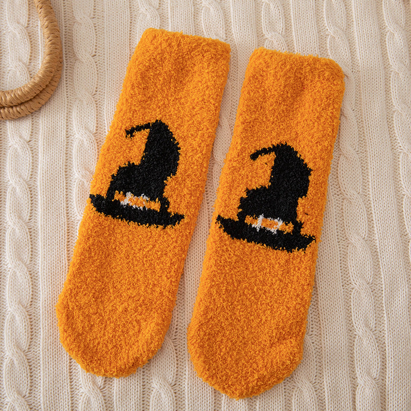 Calcetines unisex de Halloween con diseño de murciélago fantasma y forro polar coral
