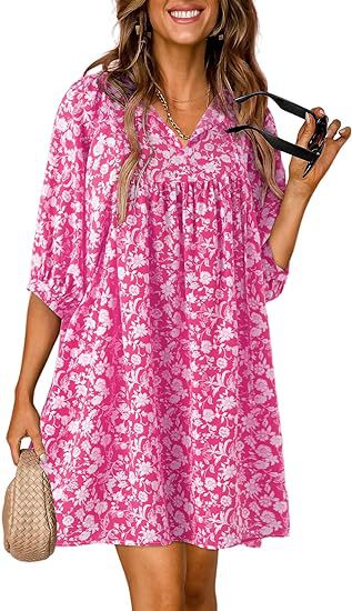 Women Fashion Casual Boho Floral Printed V-Neck Lantern Sleeve Dress