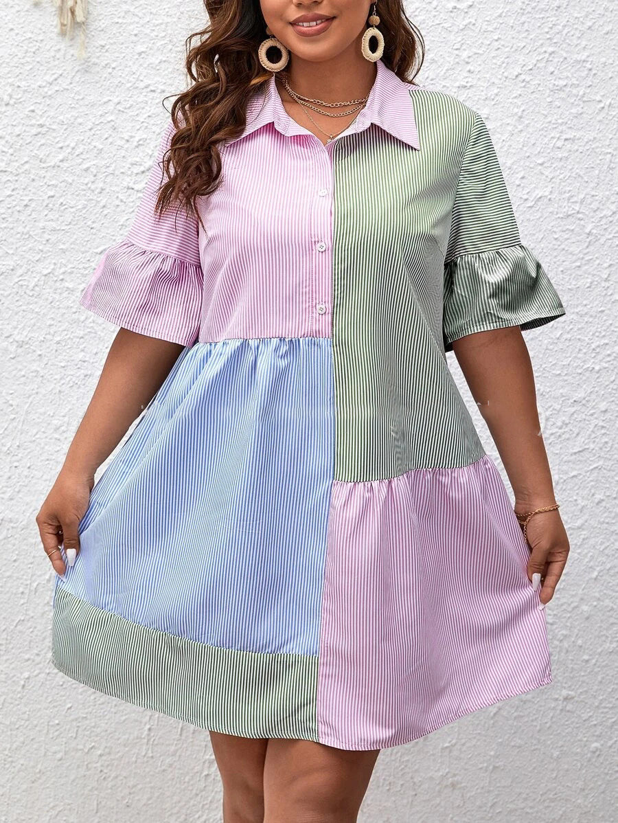 Vestido midi informal de rayas con contraste de colores para mujer