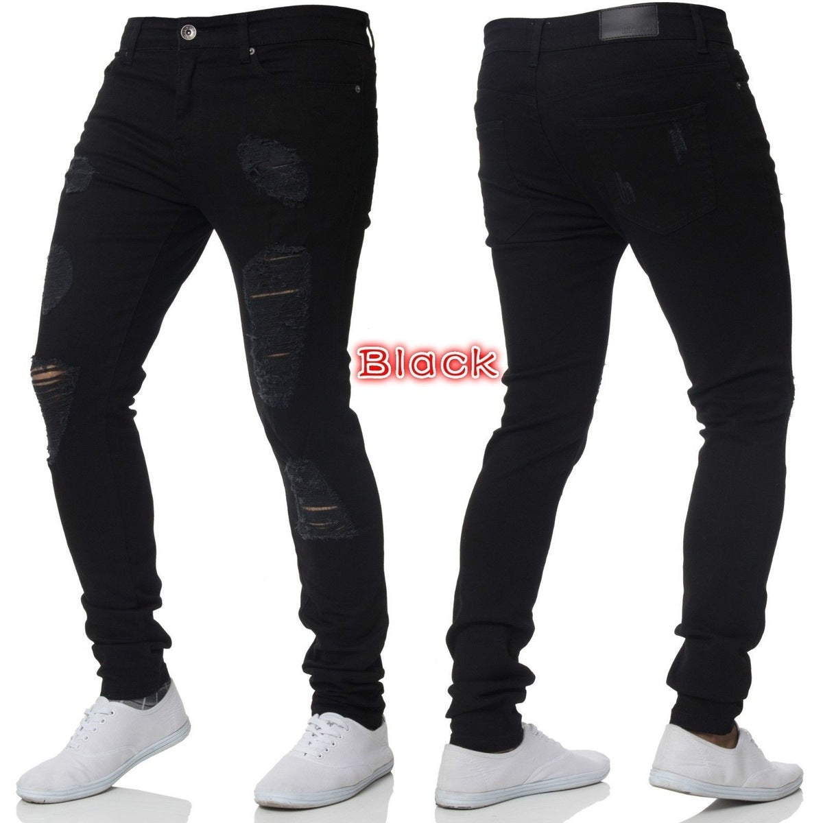 Men Casual Basic Ripped Slim Fit High-Waisted Jeans