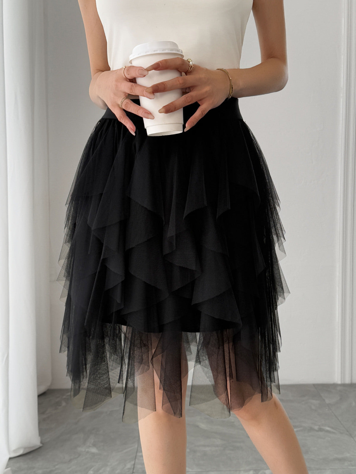 Women Fashion Solid Color Mesh Irregular Hem Skirt