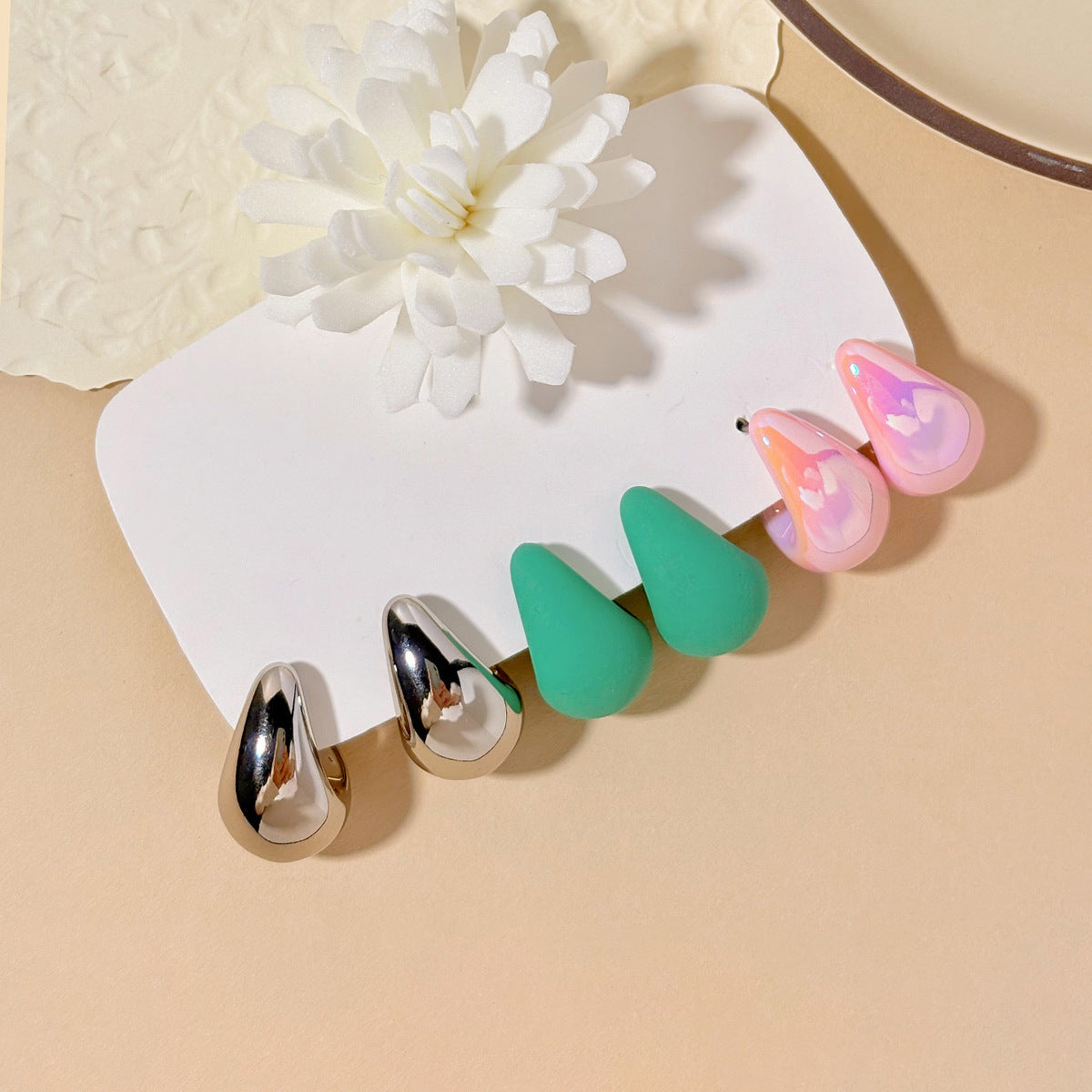 Women Fashion Solid Color Resin Water Drop Earrings 3-Pair Set