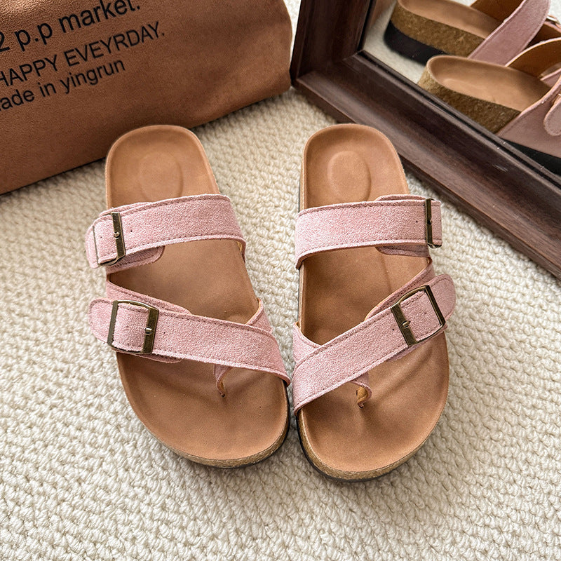 Women Summer Retro Cork Slippers With Suede Upper