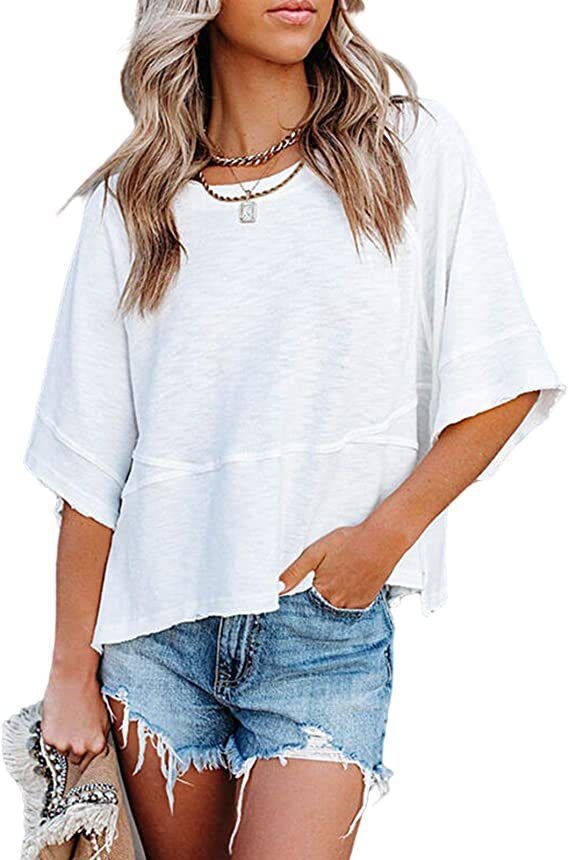 T-shirt décontracté à col rond pour femme, couleurs unies