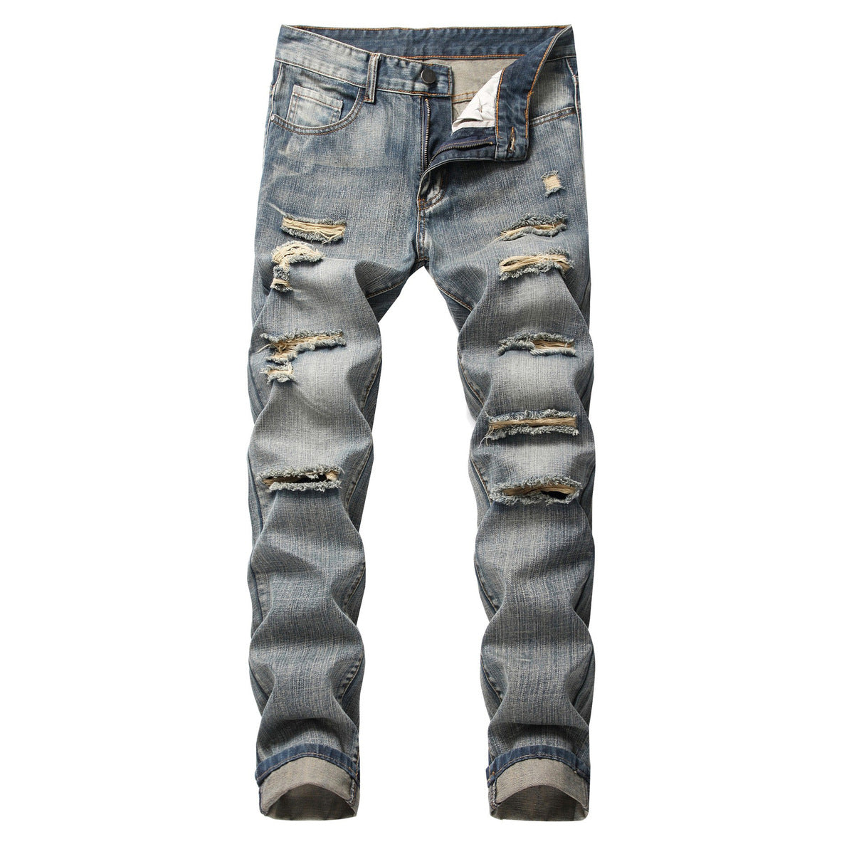 Men Casual Ripped Cotton Straight Slim-Fit Jeans