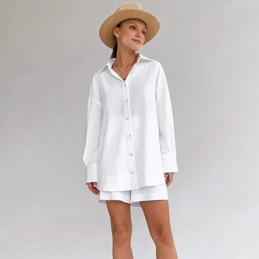 Women Fashion Solid Color Cotton Linen Pajamas Set
