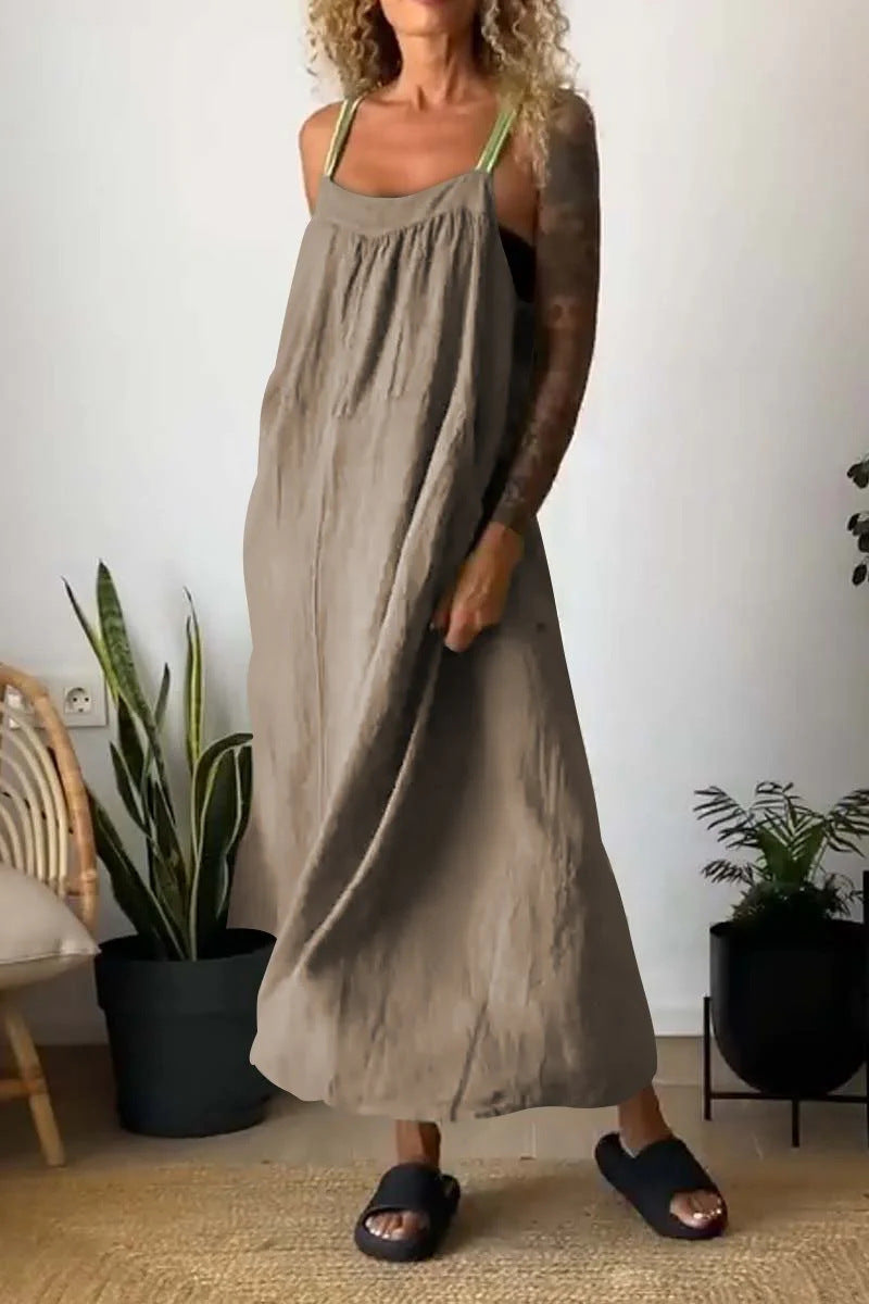 Vestido informal de lino y algodón con tirantes de color liso para mujer