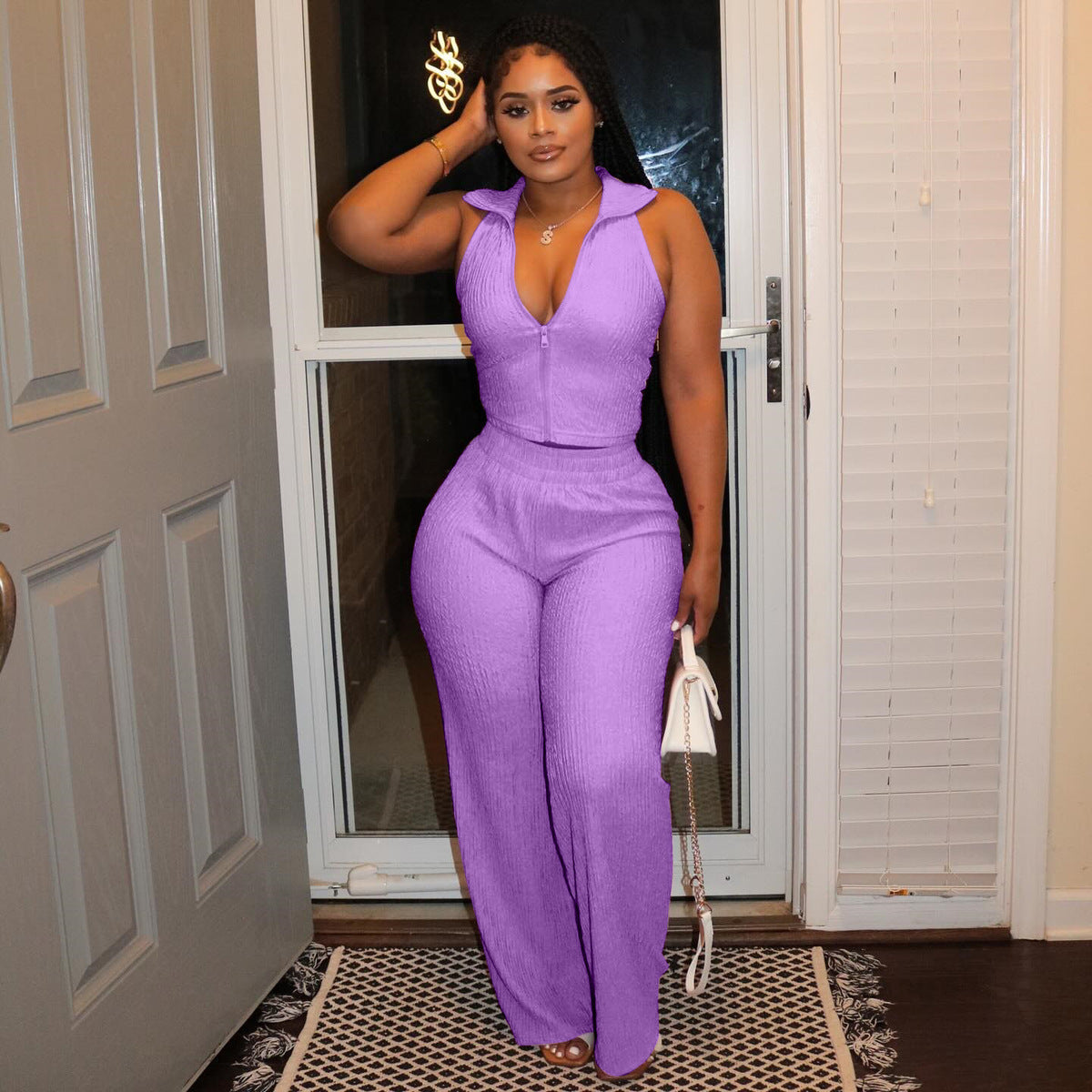 Women Fashion Casual Solid Color Sleeveless Top and Pants Set