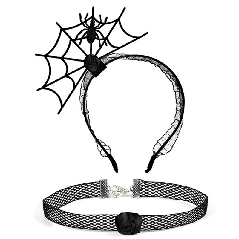 Ensemble de bijoux ras du cou en dentelle avec bandeau en toile d'araignée noire pour femme, idéal pour Halloween