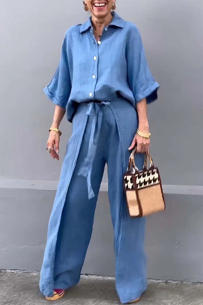 Women Fashion Casual Cotton Linen Laple Top Pants Set