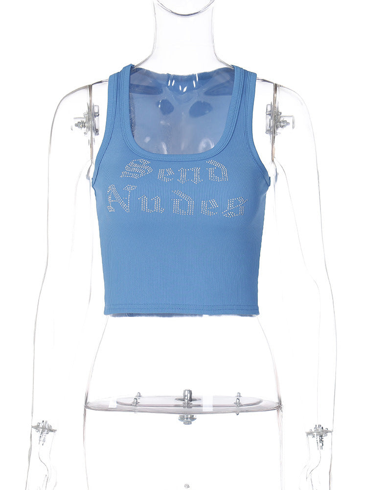 Women's Fashion Letter Rhinestone Sleeveless Cropped Top