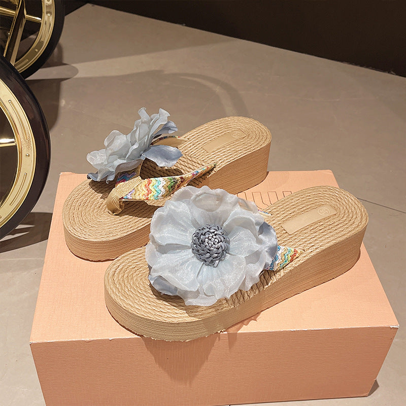 Women Summer Vacation Flower Wedged Flip Flops