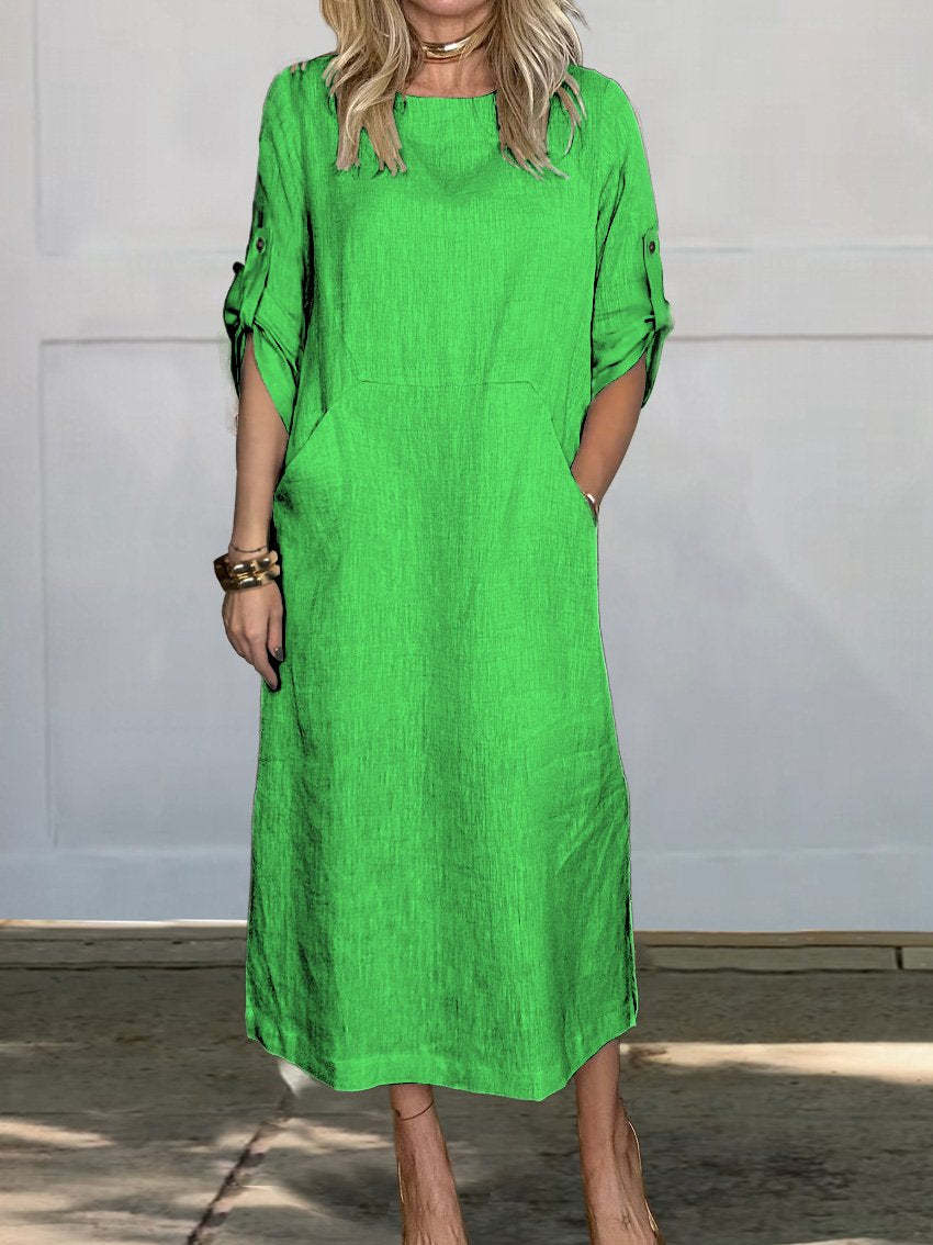 Summer Women Casual Solid Color Round Neck Dress