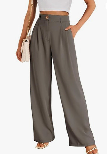 Pantalones casuales de pierna ancha para mujer, estilo poliéster de cintura alta