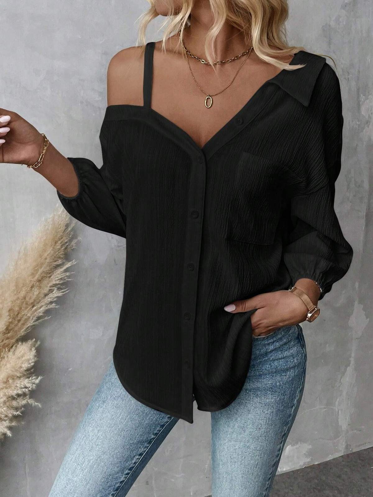 Women Fashion Sexy Solid Color Lapel Blouse