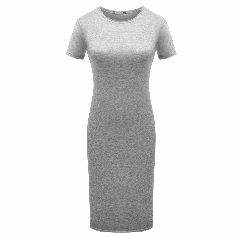 Women Short Sleeve Bodycon Dress with Solid Color Fabric