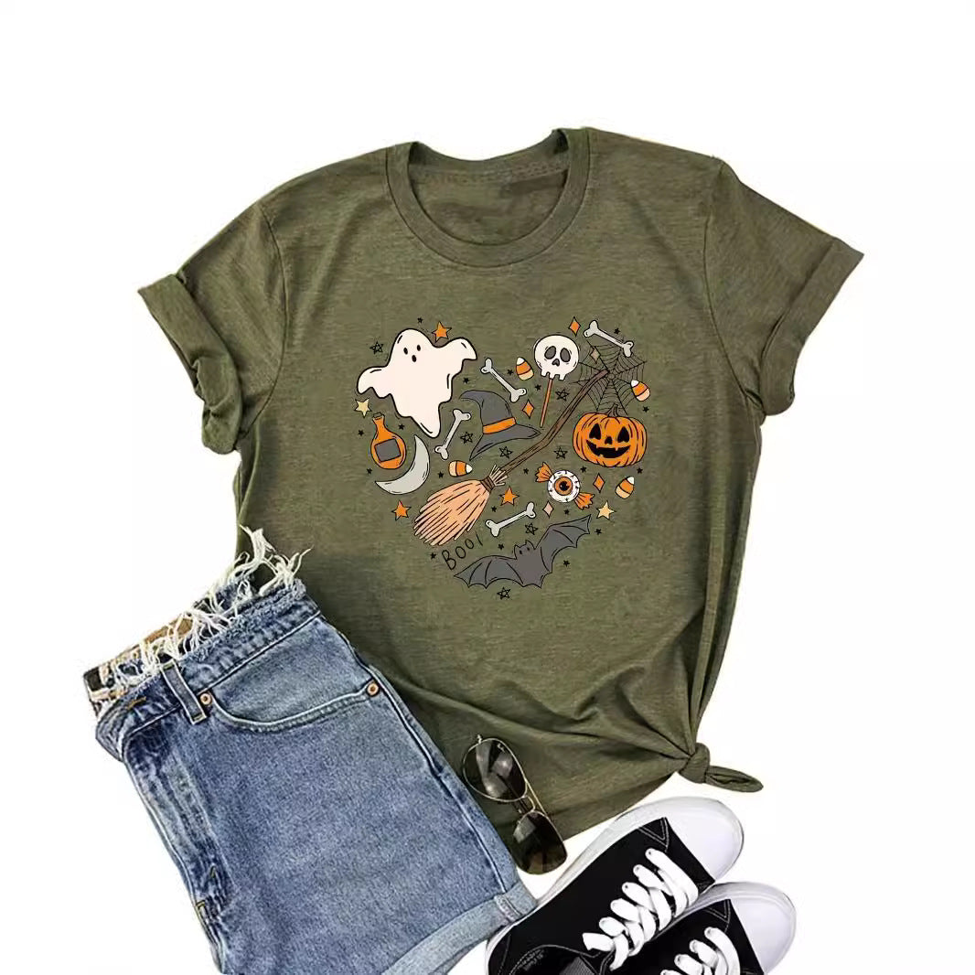 T-shirt col rond en coton imprimé Halloween pour femme