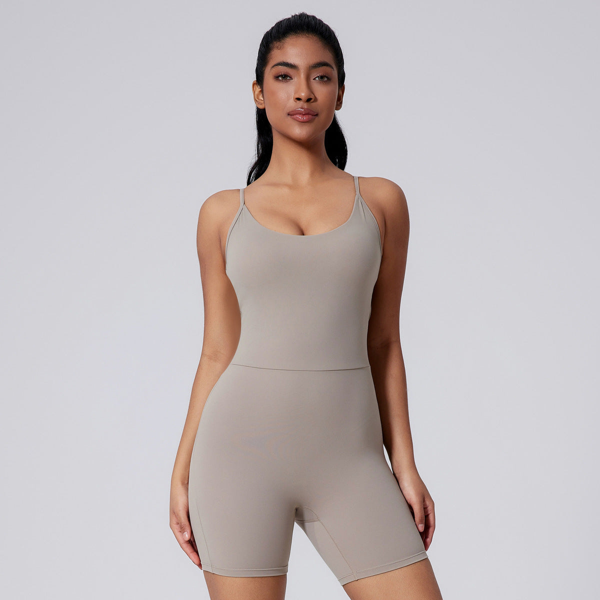 Women Solid Color Sleeveless Yoga Romper Nylon Slim-Fit Sports Jumpsuit