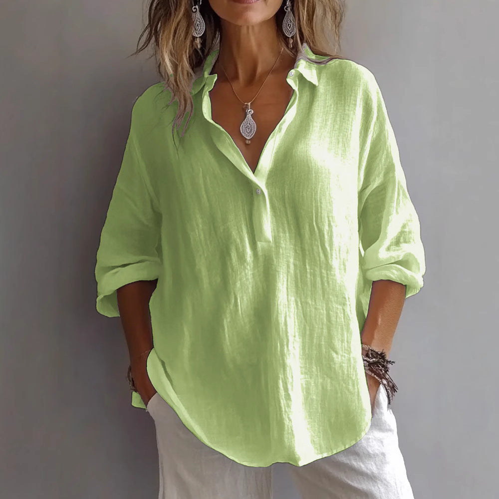 Chemisier à manches longues et col en V pour femme, couleur unie, coupe ample et décontractée, en coton et lin