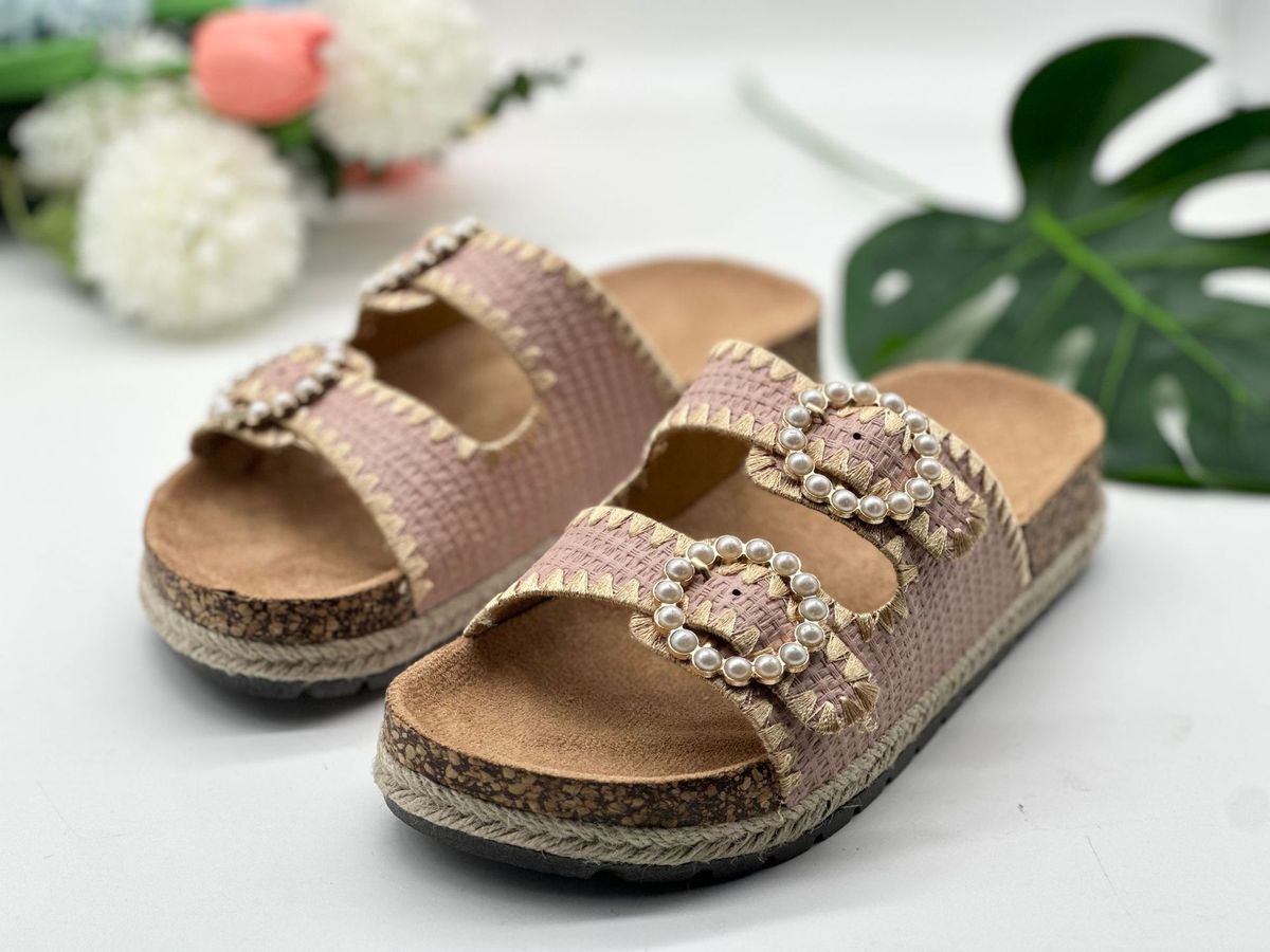 Chaussons de vacances décontractés à double boucle et perles pour femmes