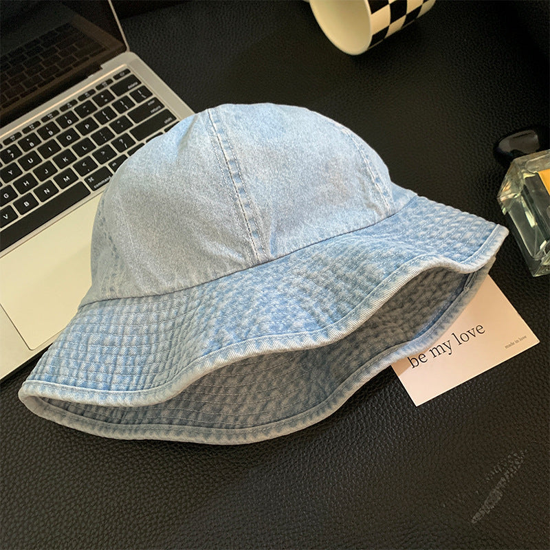 Women Fashion Wide Stripe Denim Bucket Hat in Blue Variants
