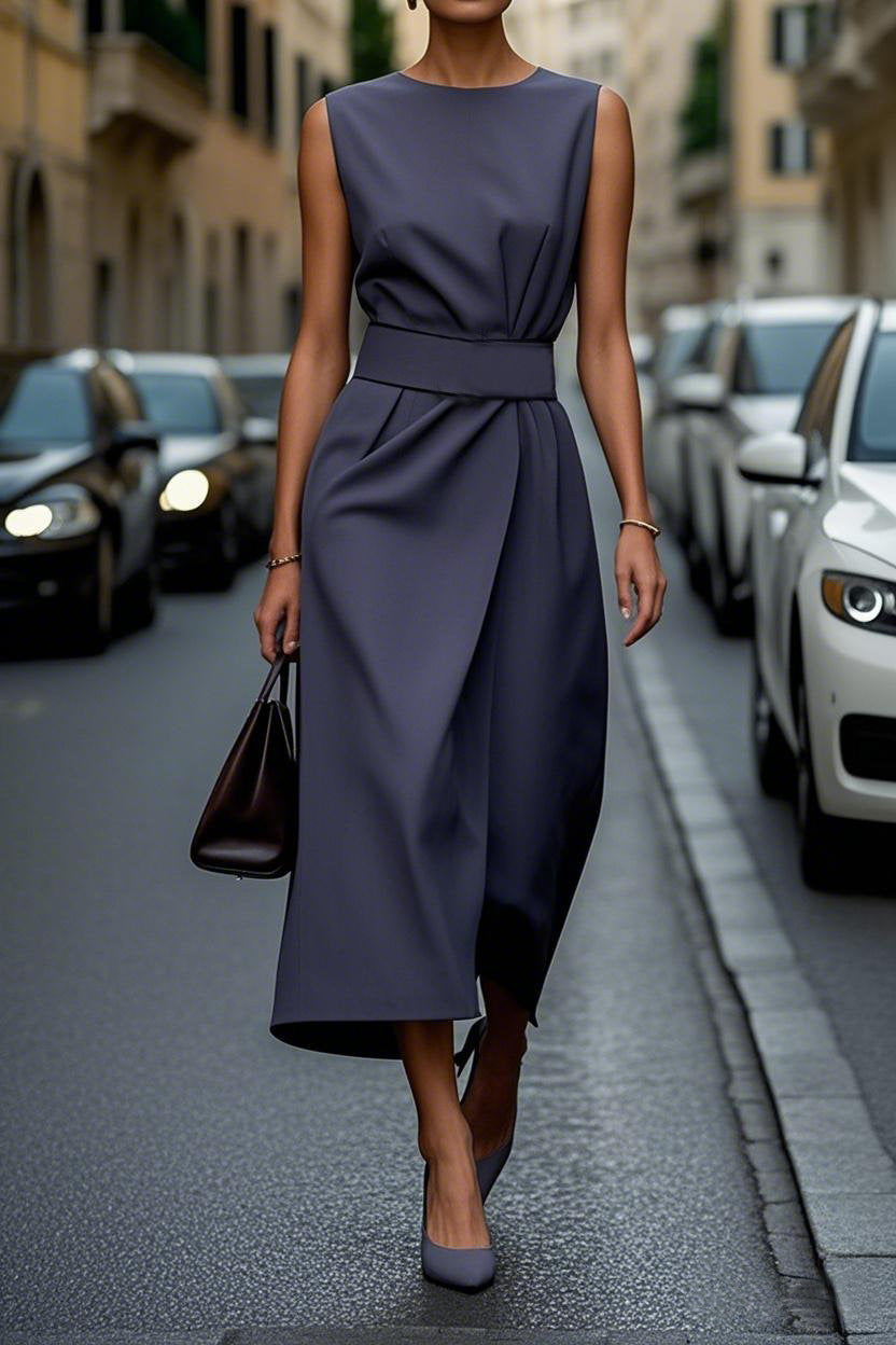 Vestido casual sin mangas de color sólido para mujer con cuello redondo