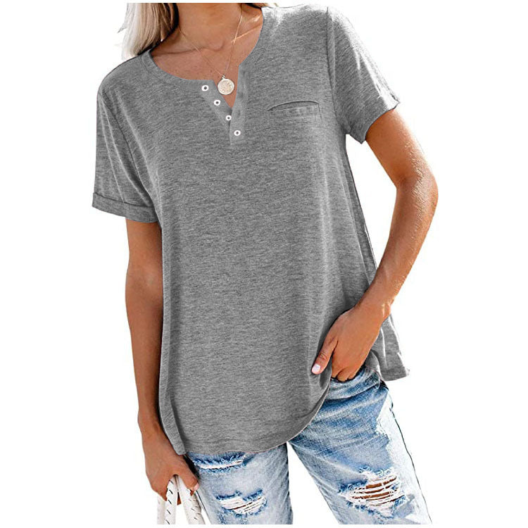 Camiseta informal holgada de verano para mujer, color liso, con cuello en V