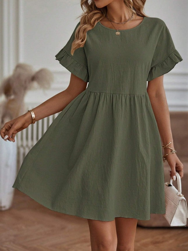 Summer Women Casual Solid Color Round Neck Dress