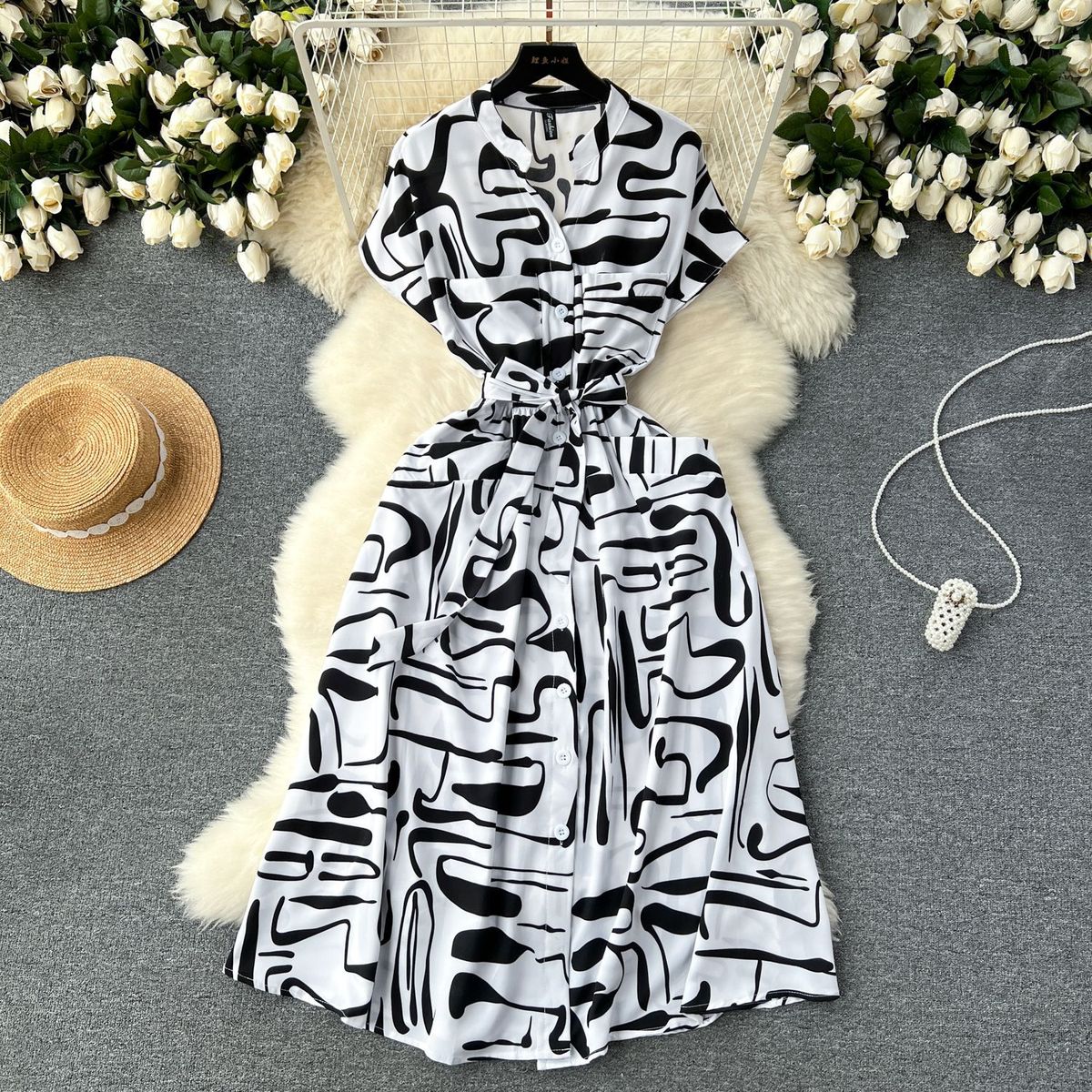 Women Fashion Casual Vacation Printed V-Neck Dress