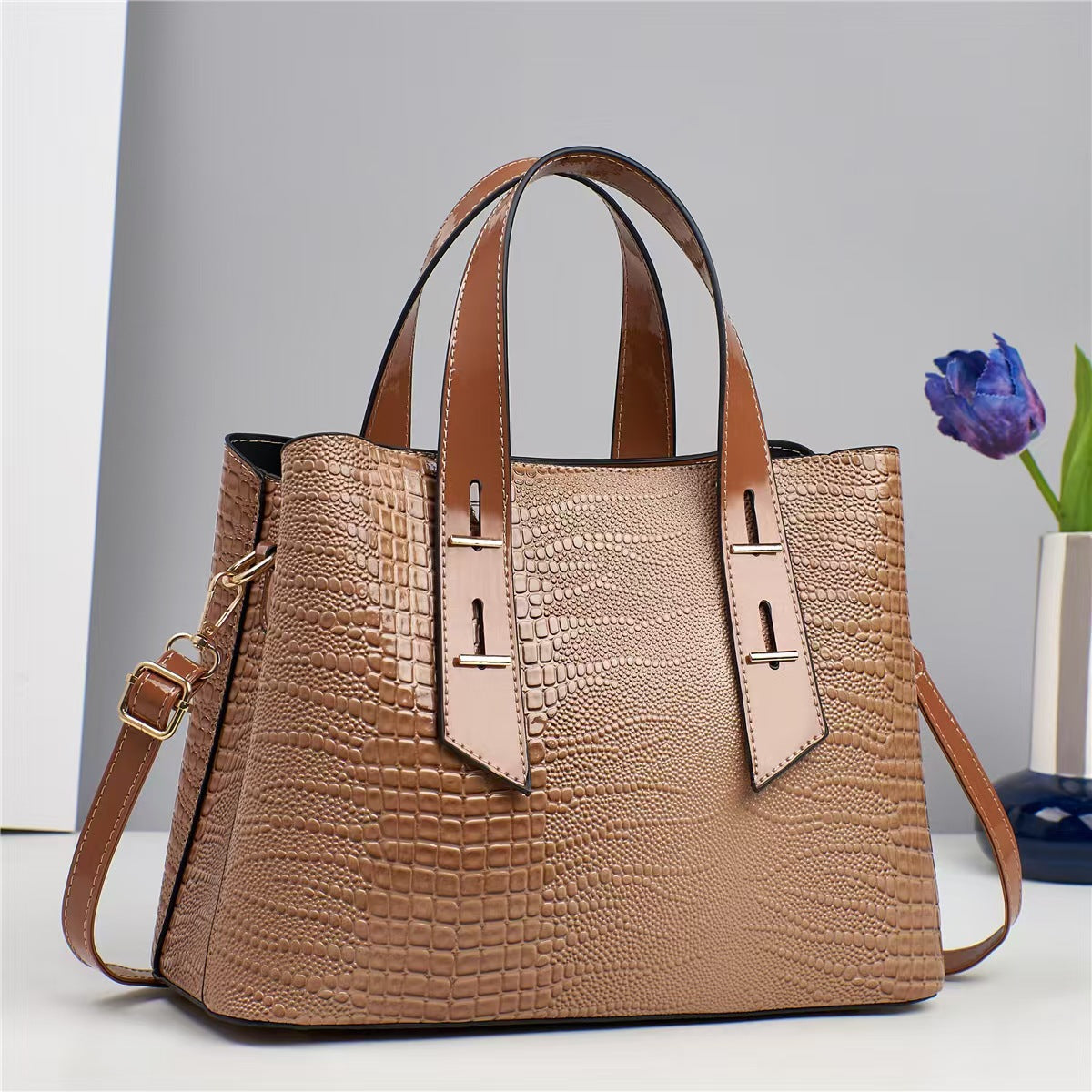 Sac à main décontracté de grande capacité pour femme, couleur unie, motif crocodile