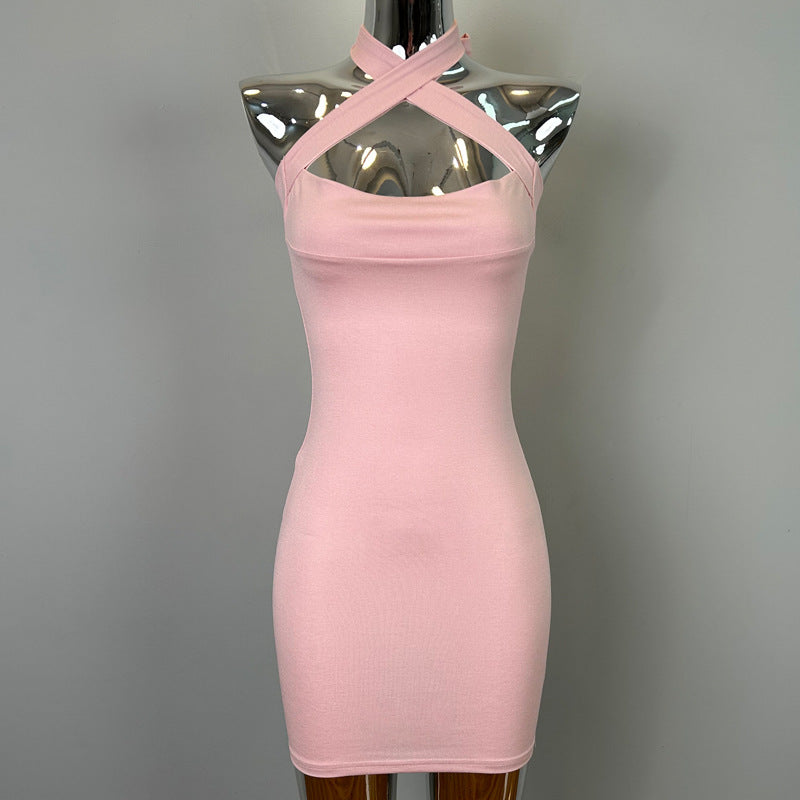 Women Fashion Sexy Solid Color Halter Neck Dress