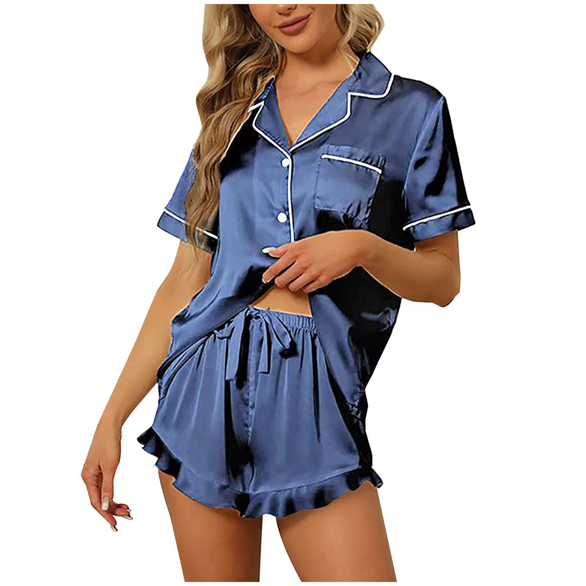 Women Fashion Casual Silk Satin Short-Sleeved Pajamas Set
