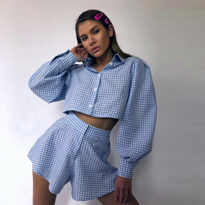 Conjunto de blusa informal con solapa y estampado de cuadrícula para mujer